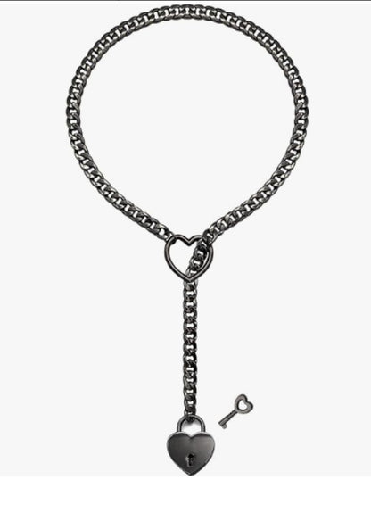 VAKKV Cross-Border New Arrival Gothic Cuban Link Chain Heart-Shape Lock Pendant Fashion Lasso Adjustable Circle Love Heart Necklace