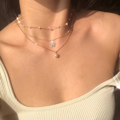 Cross Border Pearl Heart Necklace All-Match Pearl Multi-Layer Pendant Clavicle Chain Women's Retro Multi-Layer Twin Necklace