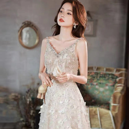 Little Evening Dress Female  Spring/Summer High-End Elegant V-neck High-End Affordable Luxury Champagne Dress Daily Style Summer