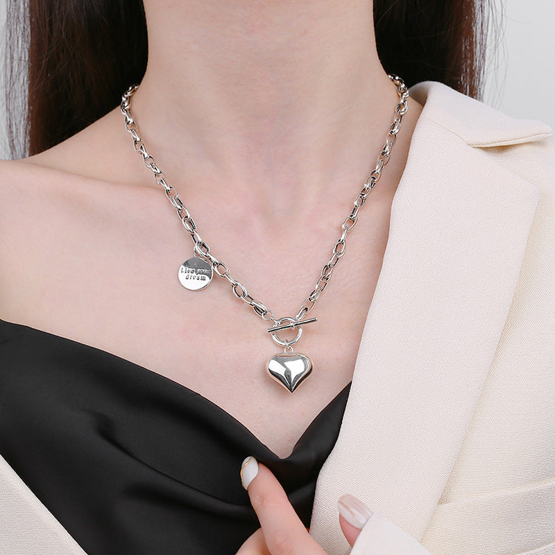 vakkv Yunchaoxuan S925 Sterling Silver Special-Interest Design round English Pendant Stitching Three-Dimensional Heart OT Buckle Clavicle Chain Necklace