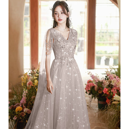 VSKKV Evening Dress Women's Banquet Light Luxury Minority High-End Senior Sense Host Graduation Guzheng Performance Costume Adult Ceremony