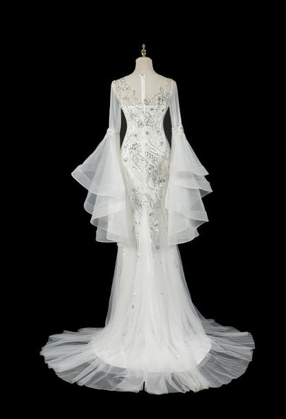 VAKKV Vintage Mermaid Long Sleeves White Wedding Dresses v2071