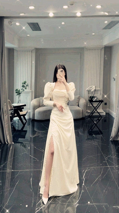 VAKKV Mermaid Square Neckline Satin Elegant Long Sleeves Slit Wedding Dress v900
