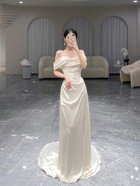 VAKKV Mermaid Off The Shoulder Satin Elegant Long Wedding Dress v924