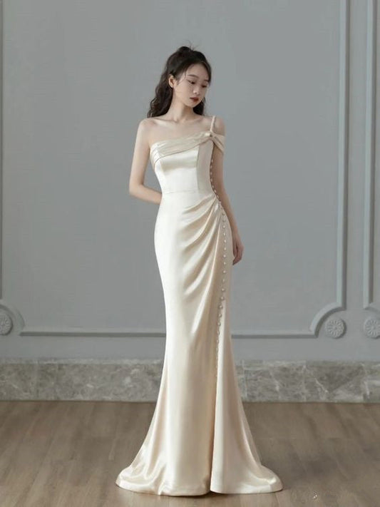 VAKKV Vintage Mermaid One Shoulder Sleeveless Satin Wedding Dresses v930