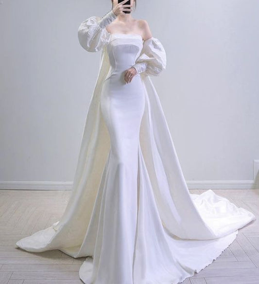 VAKKV Vintage Mermaid Stravless Long Sleeves White Satin Wedding Dresses v935