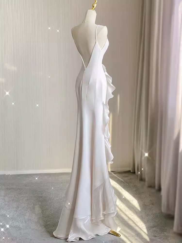 VAKKV Vintage High Low White Chiffon Wedding Dresses v1018