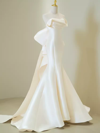 VAKKV Vintage Mermaid Stravless Long White Satin Wedding Dresses With Bowknot v1326