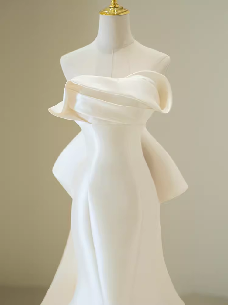 VAKKV Vintage Mermaid Stravless Long White Satin Wedding Dresses With Bowknot v1326