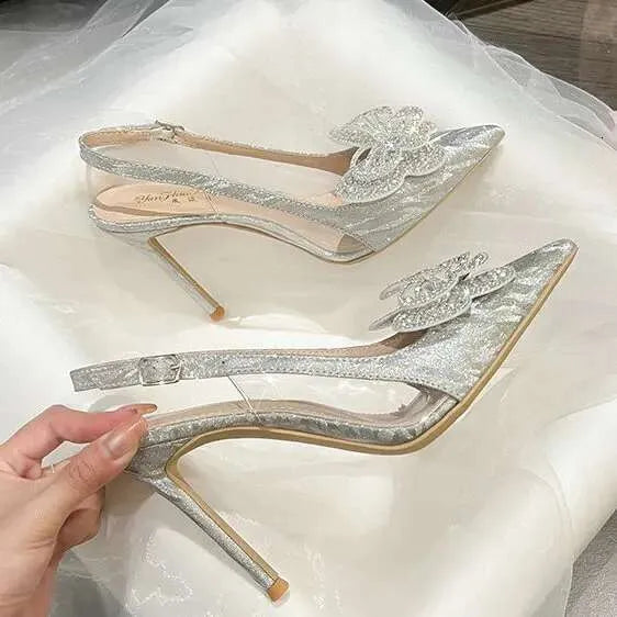 New High Heels Pointy Crystal Butterfly Wedding Shoes French Fashion Pumps Bridesmaid Sandals Kq8