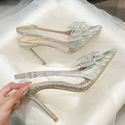 New High Heels Pointy Crystal Butterfly Wedding Shoes French Fashion Pumps Bridesmaid Sandals Kq8