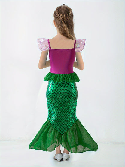 Girls Cartoon Mermaid Princess Dress Up Clothing, Flutter Sleeve Sequin Decor Peplum Mermaid Tail Dress For Pool Party