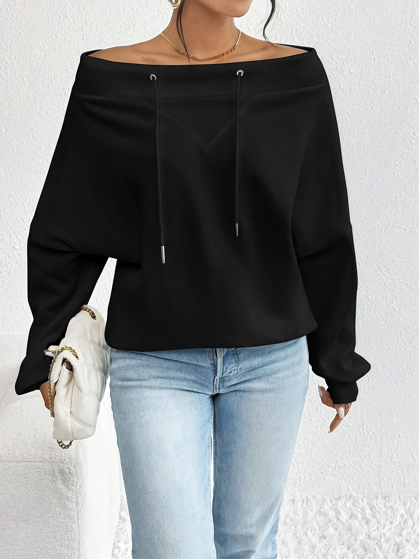 Cozy Off-The-Shoulder Drawstring Pullover Sweatshirt - Women's Casual Long Sleeve Crew Neck Apparel for Spring & Fall - Soft, Breathable, and Comfortable Fashion Clothing