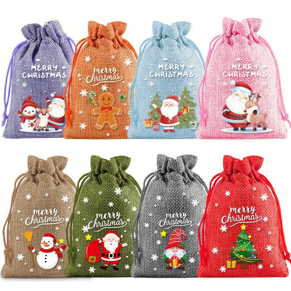 Christmas Burlap Drawstring Gift Bags - Linen Treat Sacks with Holiday Designs, Festive Party Favor Packaging, General Fit Occasion, Set of Assorted Christmas Themes (Santa, Snowman, Tree)