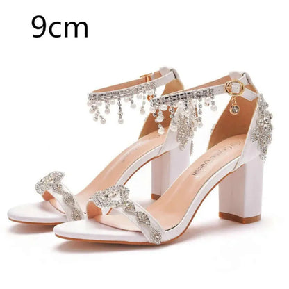 Summer 7Cm Thick Heel Shallow Mouth One Line With Beaded Sandals White Rhinester Tassel Bridal Wedding Shoes Kq8