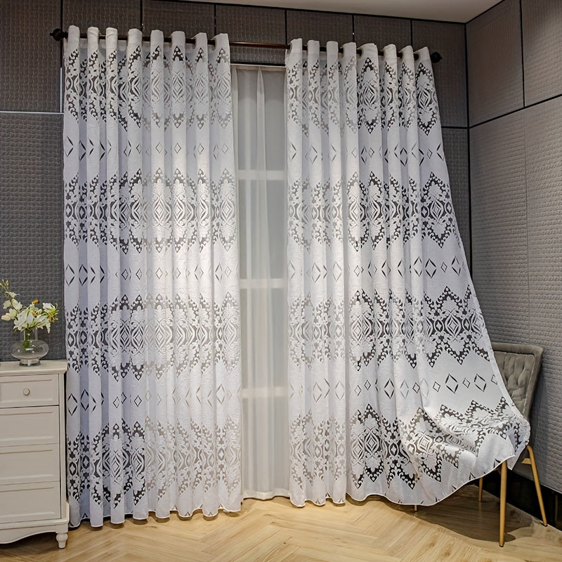 1pc Elegant European Style Jacquard Curtain For Home Decor - White Hollow Design For Bedroom, Office, Kitchen, Living Room, And Study