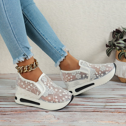 Womens Floral Lace Charm - Casual Height Enhancing Slip-On Shoes with Stylish Platform - Versatile Low Top for Everyday Elegance