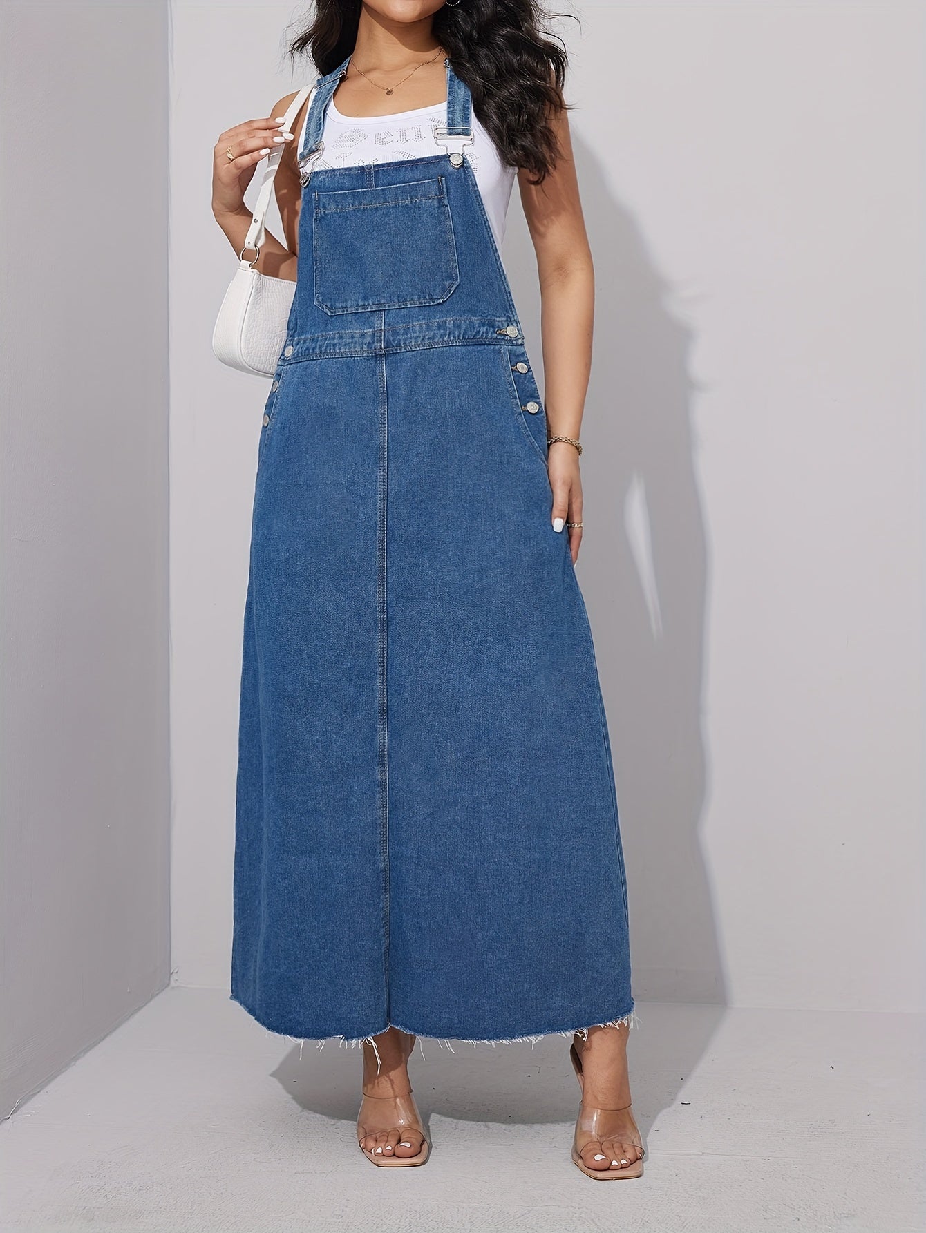 Chic Blue Distressed Denim Overall Dress - Adjustable Straps, Loose Maxi Fit, Stylish Womens Jeans Clothing