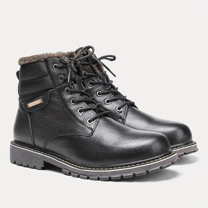 Men's Top Leather Boots, Fuzz Lined Anti-skid High-top Lace-up Boots For Outdoor, Autumn And Winter
