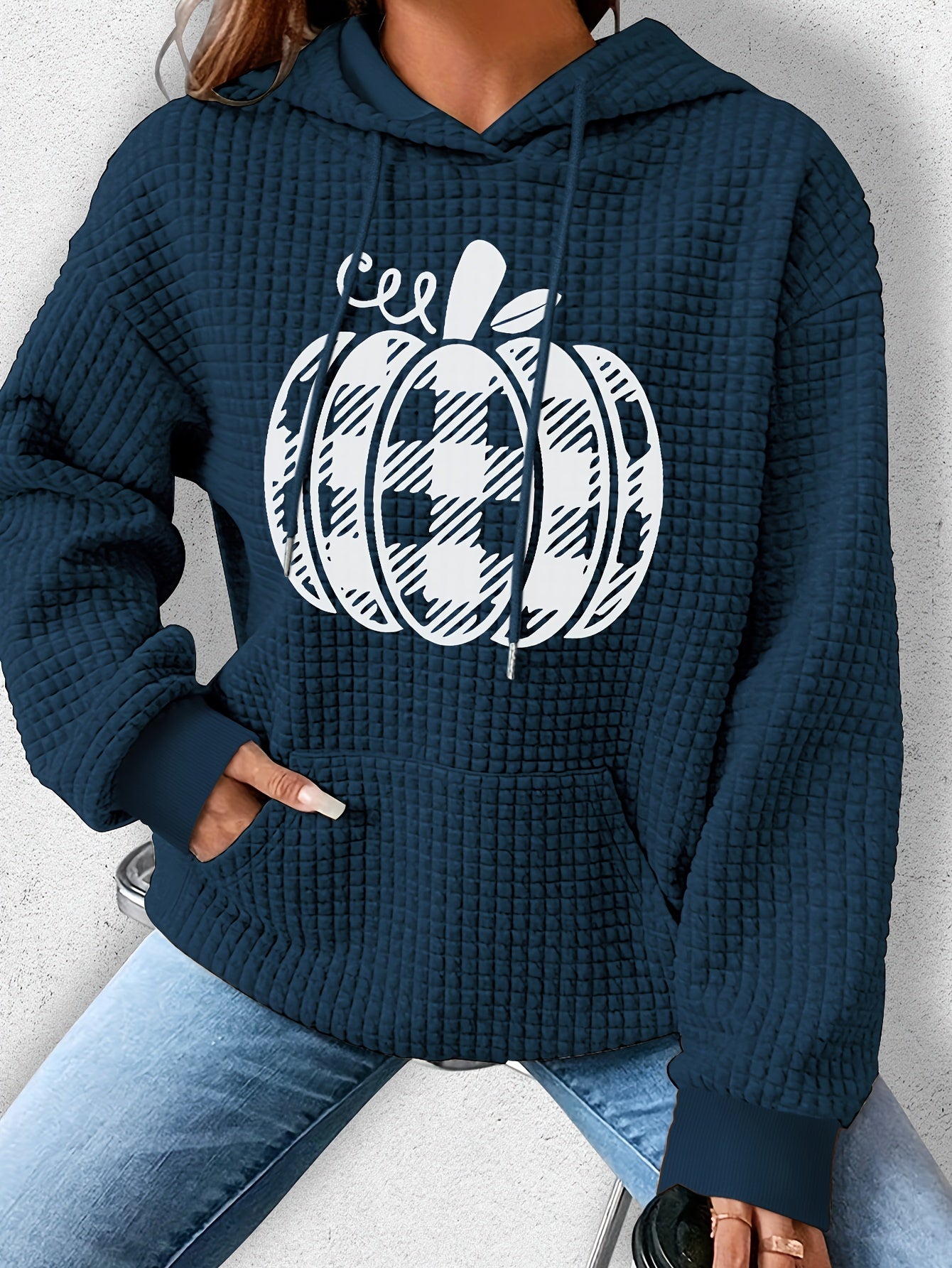 Casual Polyester Waffle-Knit Hoodie with Halloween Pumpkin Applique - Comfortable Fall/Winter Spandex Blend, Style Hooded Sweatshirt with Plant Pattern, Cozy Knitted Fabric