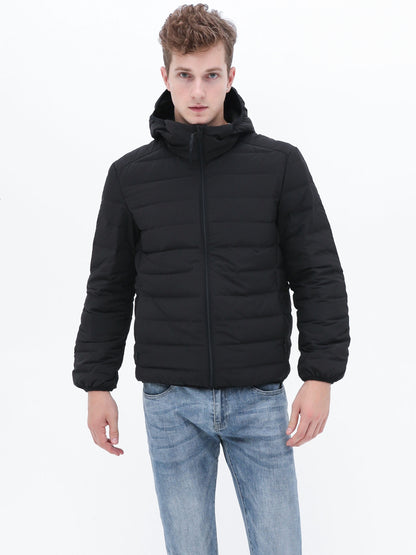 Warm Lightweight Puffer Hooded Jackets, Men's Casual Solid Color Classic Design Quilted Jacket For Fall Winter