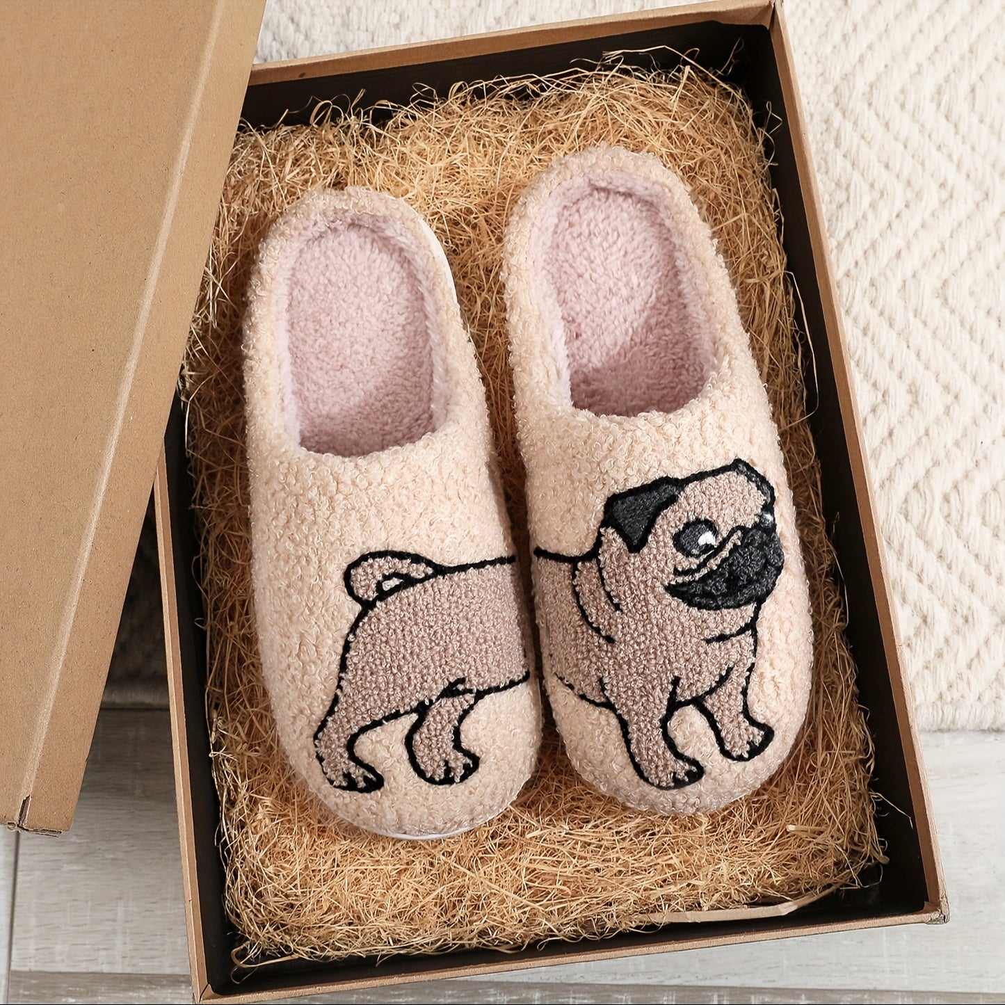 Cozy Cartoon Pug Dog Pattern Slippers - Soft Fabric Lined, Plush Comfortable Indoor Shoes with TPR Sole, Casual Slip-On Design for All-Season Wear - Cartoon Character Print, Fabric Upper, and Anti-Slip Bottom