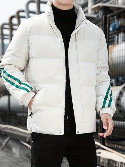 Loose Fit Puffer Jacket, Men's Warm Down Coat With Pockets For Fall Winter Outdoor Activities