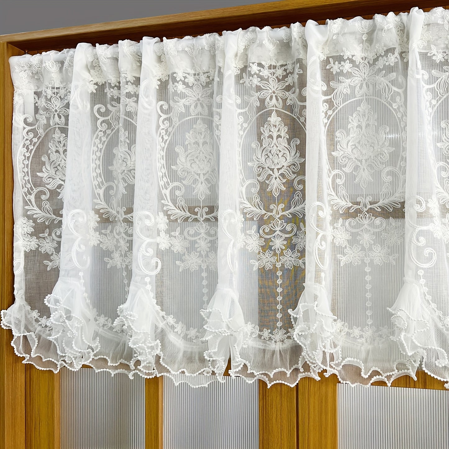 1pc Exquisite French Double Beaded Ruffled Lace Short Curtain Valance - Embroidered Tulle Design, Pocket Top, Half Curtain Rod, Decorative Door Curtain for Kitchen, Small Window, Living Room, Office, and Home Decor