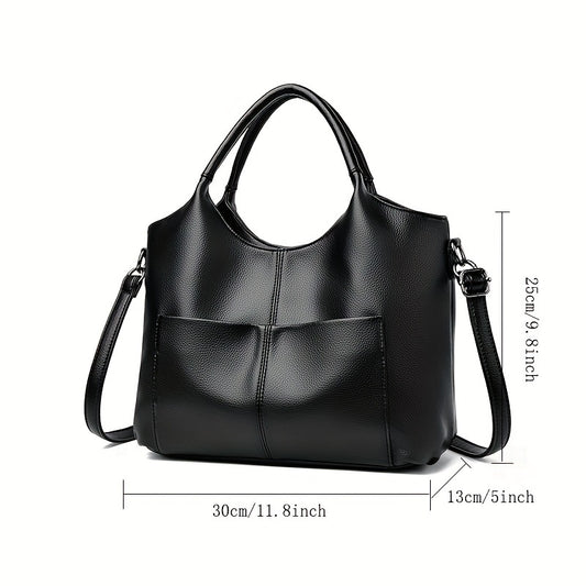 Women's Fashion Tote Handbag  New Style - Soft PU Leather, Large Capacity Shoulder Bag with Zipper Closure and Optional Messenger Strap - Elegant and Versatile Ladies Purse - Black