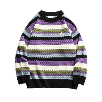 Mens Sweaters Harajuku Streetwear Daisy Rainbow Striped Vintage Knitted Sweater Autumn Winter Loose Thicken Warm Hip Hop Pullover Sweater Men 221008