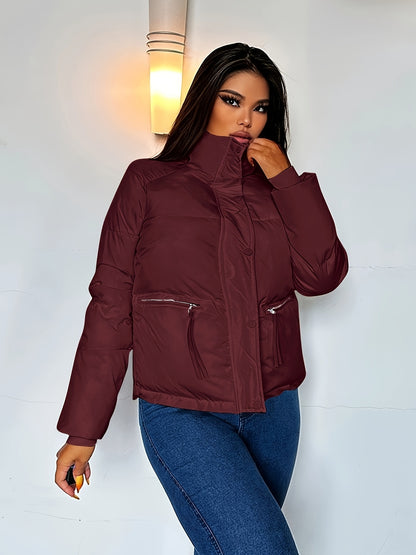 Winter-Ready Stand Collar Bomber Jacket for Women - Warm, Machine Washable, Solid Color, Sports Style with Practical Pockets