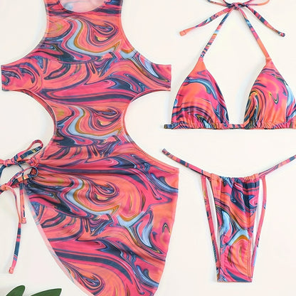 3-Piece Tropical Print Swimsuit Set - High-Stretch, Lace-Up Bikini Top with Tie, High-Waisted Cutout Bottom, Sun Protective Cover-Up Dress, Machine Washable, Polyester Fabric, Knit Construction