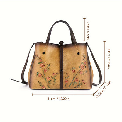 Luxurious Cowhide Leather Women's Handbag - Spacious Multi-compartment, Embossed Retro Craft, Pure Hand-made Color, One-shoulder Cross-body Design, Free Mother's Daily Practical Companion with Large Capacity