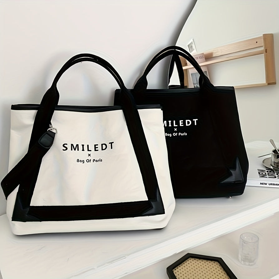 Simple And Spacious Canvas Shoulder Tote Bag, Letter Print, Simple And Stylish, Large Capacity - Perfect For Commute