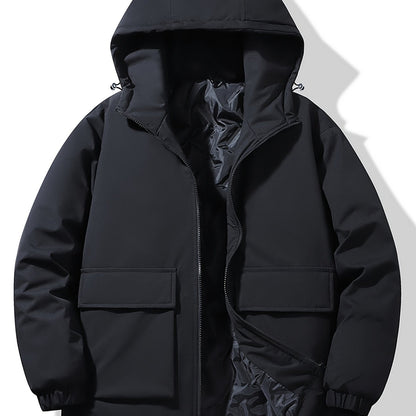 Men's Stylish Solid Faux Down Jacket With Pockets, Casual Breathable Zip Up Long Sleeve Warm Hooded Top For Winter City Walk Street Hanging Outdoor Activities