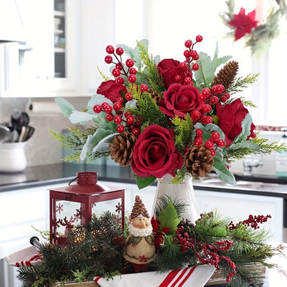 18pcs Artificial Christmas Flowers Bouquet, 14.5" Mix Bouquet with Pine Branches, Berry Stems, Pine Cones, Red Fake Roses for Xmas Winter Home Table Vase Decor, No Power Needed, Plastic Material