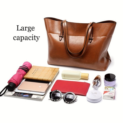 [Fast Arrival] Luxurious Retro Solid Color Large Oil Leather PU Shoulder Tote Bag - Women Bag Sets - Spacious Fashion Purse with Tassel Charm, Stylish and Durable Design, Multiple Compartments for Organization, Ideal for Daily Use and Travel