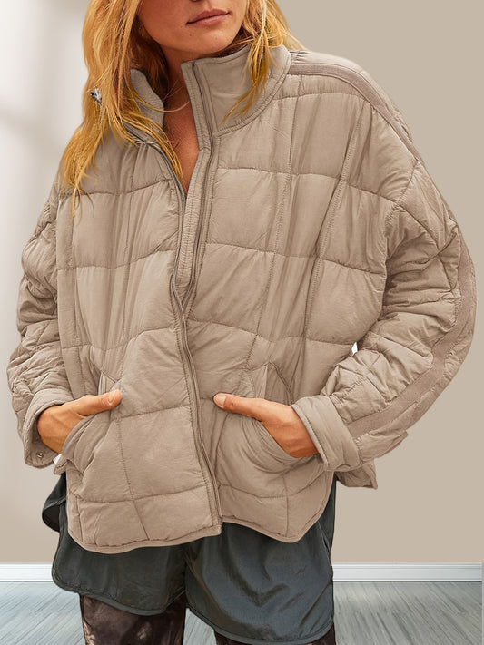 Zip Up Stand Collar Quilted Coat, Casual Long Sleeve Loose Winter Outerwear With Pocket, Women's Clothing