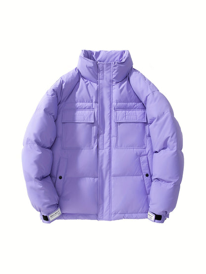Men's Loose Solid Down Jacket With Pockets, Casual Breathable Lapel Zip Up Long Sleeve Warm Outwear For Winter Outdoor Activities