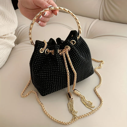 Elegant Sparkling Rhinestone Bucket Bag | Secure Drawstring Polka Dot Satchel | Luxury Evening Shoulder Chain Bag