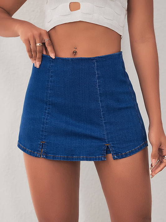 Chic Blue Denim Skorts - Comfort Fit with Split Hem Detail - Casual & Versatile Fashion for Women