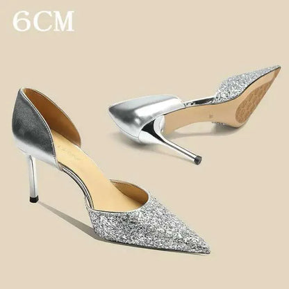 Glitter Pointy Heels Women's New Shallow Mouth Pumps Temperament Fairy Wind Party Hollow French Sandals Kq8