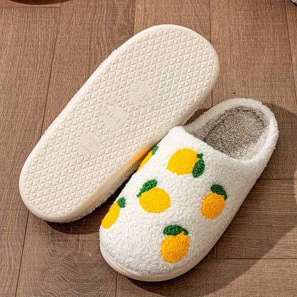 Corduroy Fruit Pattern Plush Slippers - Ultra Soft, Warm, and Comfortable Indoor Shoes with Flannel Insole and TPR Sole for All-Season Wear - Casual, Slide-On Design for Home Relaxation