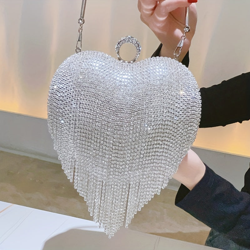 Glamorous Rhinestone Heart Clutch - Sparkling Evening Bag with Tassel Accent - Perfect for Wedding & Party Events - Secure Top Ring Closure