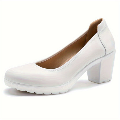 Womens Classic Round Toe Pumps - Cushioned Low Heel, Ultra-Comfortable - Durable Synthetic Leather, Perfect for Work & Dress - Timeless Style