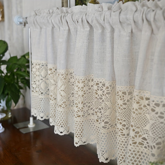 1pc Vintage Half Curtain - Crochet Hollow Short Curtain with Cotton Linen Splicing, Rod Pocket Top, Perfect for Small Window, Restaurant, Kitchen, Cafe, Living Room, Office, and Home Decor