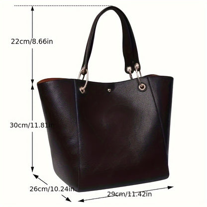 [Fast Arrival] Large Capacity Ladies' PU Leather Bucket Handbag with Wallet - Classic Solid Color Tote Casual Retro Travel Bag, Computer & Shoulder Bag for Women