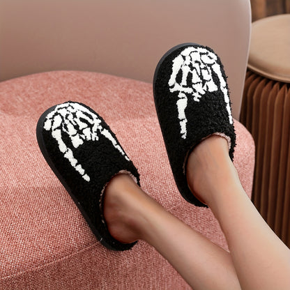 Cozy Cartoon Skeleton Hand Fuzzy Slippers - Soft, Warm, and Plush Slip-On Shoes with TPR Sole for Music Festival and Winter - Cartoon Patterned, Punk Style, Fabric Upper and Insole, All-Season Wear