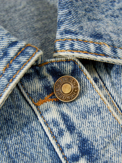 Rhinestone Decor Distressed Washed Blue Long Sleeve Retro Chic Denim Jacket Top, Women's Denim Jeans & Clothing