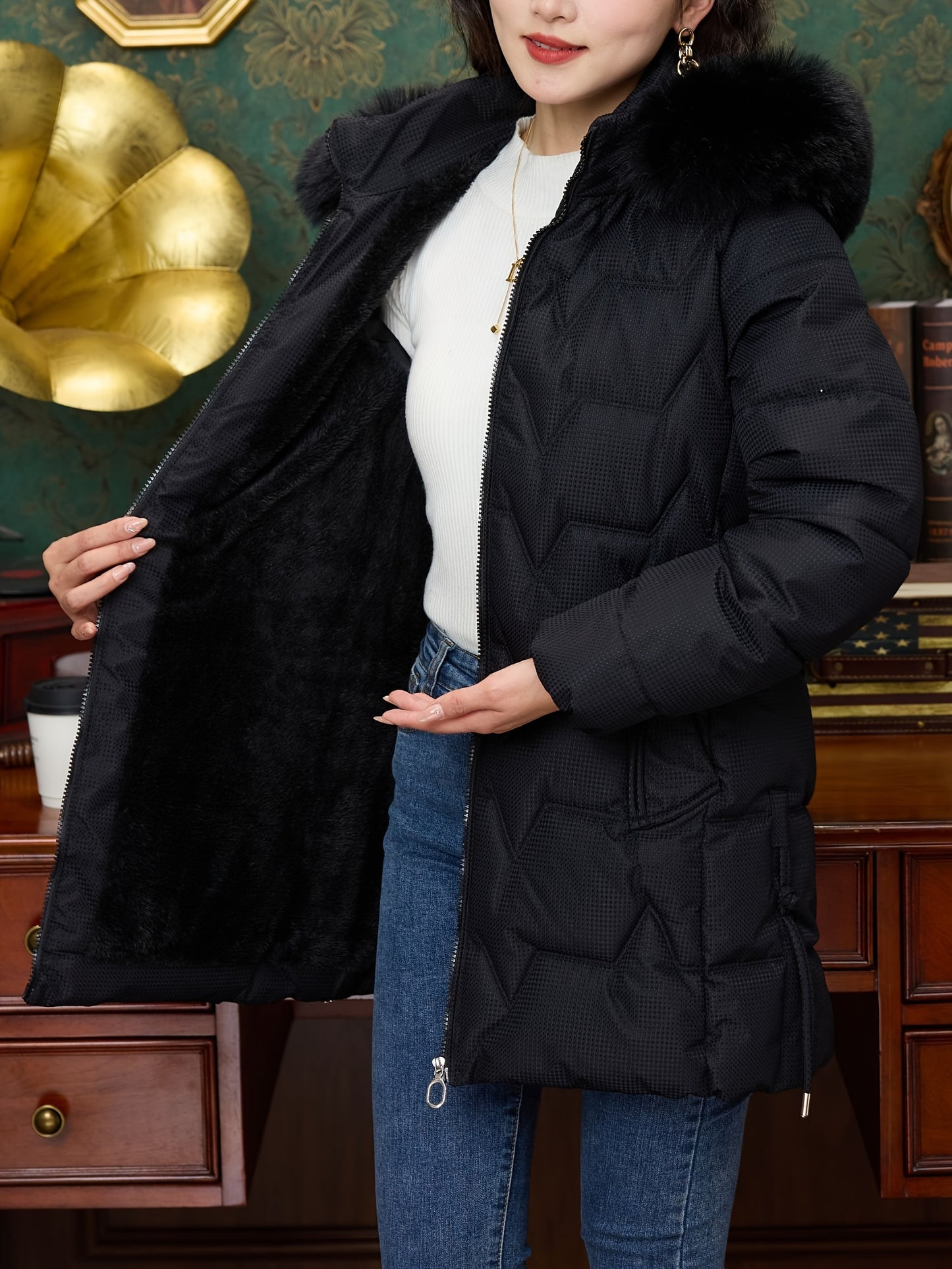 Winter Casual Fashion Versatile Plush Lined Warm Women's Jacket Detachable Hat Jacket